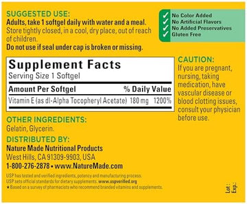 Nature Made Vitamin E 180 mg (400 IU) dl-Alpha, Dietary Supplement for Antioxidant Support, 180 Softgels, 180 Day Supply