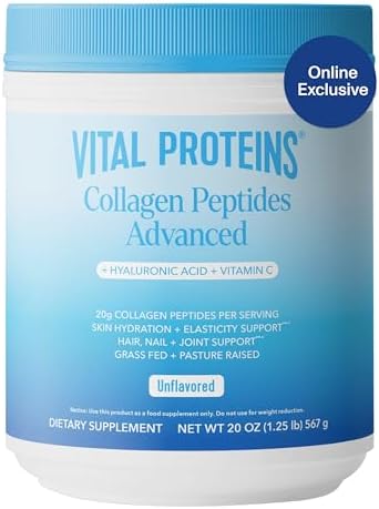 Vital Proteins Collagen Peptides Powder Advanced with Hyaluronic Acid & Vitamin C - 20oz Collagen Protein, Unflavored, 28 Servings