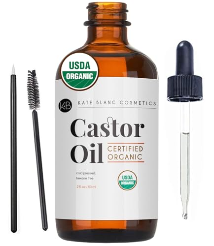Kate Blanc Cosmetics Castor Oil Organic (2oz), 100% Pure, Cold Pressed, Hexane Free. Natural Oil for Hair, Eyelashes, Eyebrows. Skin Moisturizer with Starter Kit