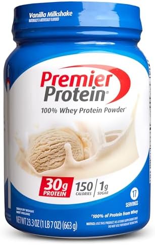 Premier Protein Powder, Vanilla Milkshake, 30g Protein, 1g Sugar, 100% Whey Protein, Keto Friendly, No Soy Ingredients, Gluten Free, 17 Servings, 23.3 Ounces