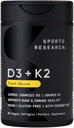 Sports Research® Vegan D3 5000iu with Vitamin K2 100mg - Formulated with Coconut MCT Oil - Vegan Certified, Soy & Gluten Free - 60 Softgels