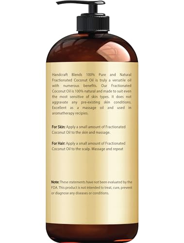 Handcraft Blends Fractionated Coconut Oil - 16 Fl Oz - 100% Pure and Natural - Premium Grade Carrier Oil for Skin, Hair and Body - Massage - Hair Tonic