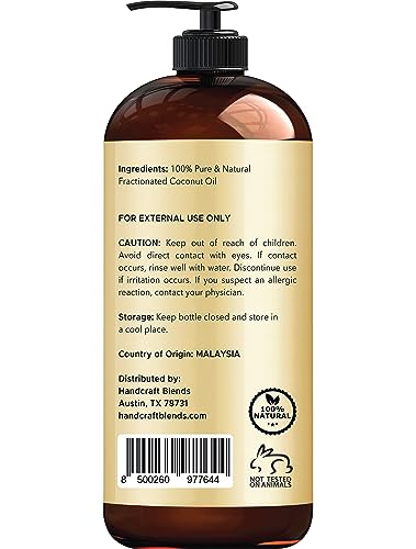 Handcraft Blends Fractionated Coconut Oil - 16 Fl Oz - 100% Pure and Natural - Premium Grade Carrier Oil for Skin, Hair and Body - Massage - Hair Tonic