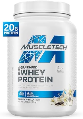 Muscletech Grass-Fed Whey Protein Powder (Deluxe Vanilla, 1.8LB) - Whey Protein Smoothie & Milk Shake Mix Supports Muscle Gain & Recovery - 20g of Whey Protein for Women & Men - Non-GMO & Gluten-Free