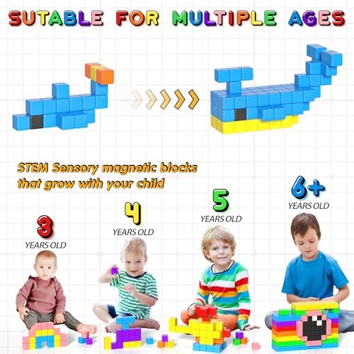 54 PCS Magnetic Blocks, Magnetic Building Blocks for Toddlers 3+, Montessori Toys, Magnet Cubes, Preschool STEM Educational Sensory Magnet Toys for Kids Ages 3-5 Year Old Boys and Girls