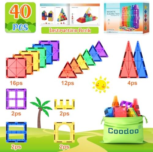 Magnetic Tiles Kids Toys STEM Magnet Toy for Toddler Magnetic Blocks Building Preschool Learning Sensory Montessori Toys for 3+ Year Old Boys and Girls, Safe Creativity Toddler Kids Toy 40PCS