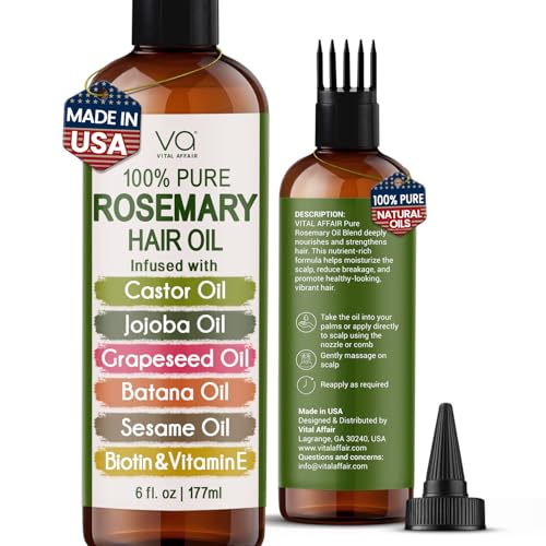 100% Pure Rosemary Oil For Hair Growth With Castor, Batana, Jojoba Oil - Infused With Biotin & Vitamin E-Blend of Effective Hair Oils for Hair Growth-Strengthening Treatment 6 Fl Oz