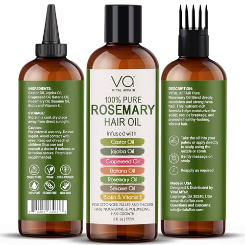 100% Pure Rosemary Oil For Hair Growth With Castor, Batana, Jojoba Oil - Infused With Biotin & Vitamin E-Blend of Effective Hair Oils for Hair Growth-Strengthening Treatment 6 Fl Oz