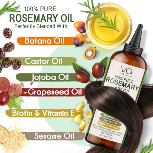 100% Pure Rosemary Oil For Hair Growth With Castor, Batana, Jojoba Oil - Infused With Biotin & Vitamin E-Blend of Effective Hair Oils for Hair Growth-Strengthening Treatment 6 Fl Oz