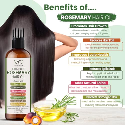 100% Pure Rosemary Oil For Hair Growth With Castor, Batana, Jojoba Oil - Infused With Biotin & Vitamin E-Blend of Effective Hair Oils for Hair Growth-Strengthening Treatment 6 Fl Oz