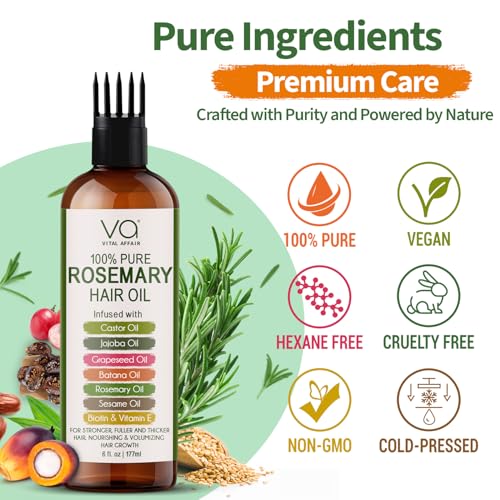 100% Pure Rosemary Oil For Hair Growth With Castor, Batana, Jojoba Oil - Infused With Biotin & Vitamin E-Blend of Effective Hair Oils for Hair Growth-Strengthening Treatment 6 Fl Oz
